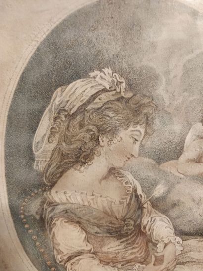 null Lot de 11 pièces encadrées : 

4 petites gravures figurant des putti, une élégante...