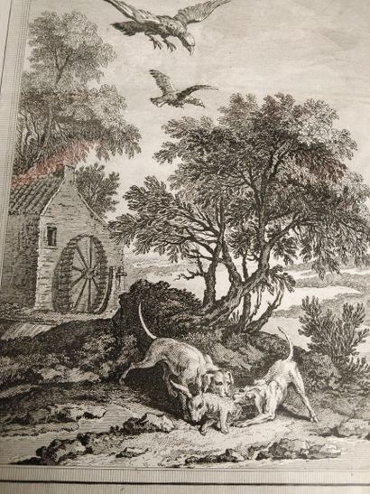 null Set of 3 framed engravings from the Fables of La Fontaine including 

The Treasure...