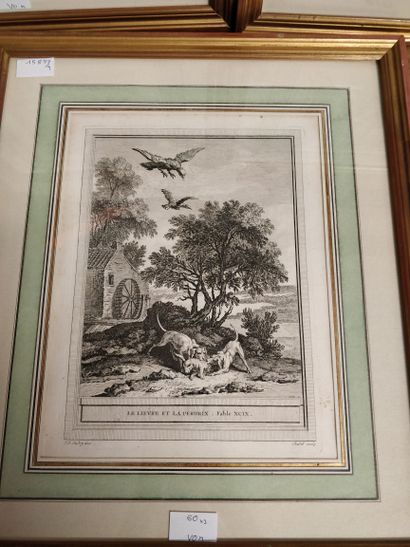 null Set of 3 framed engravings from the Fables of La Fontaine including 

The Treasure...