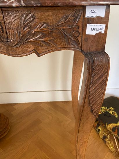 null 
Carved walnut table, 





decoration of scrolls and 





and olive branches,...