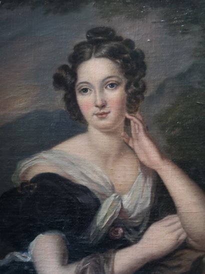 null Ecole du XIXème siècle. Portrait de femme. Huile sur carton. Dim 31 x 25 cm....