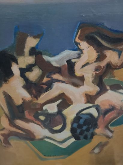 null Henry Le Chenier (1937). Scène de plage. Huile sur toile. Dim.: 73 x 60 cm....