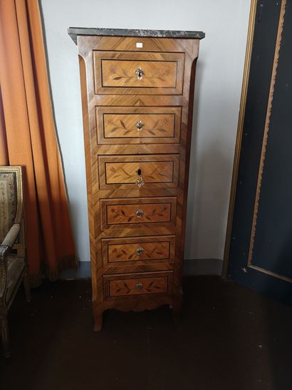 null Chiffonnier with 6 drawers in veneer and floral marquetry, black marble top,...