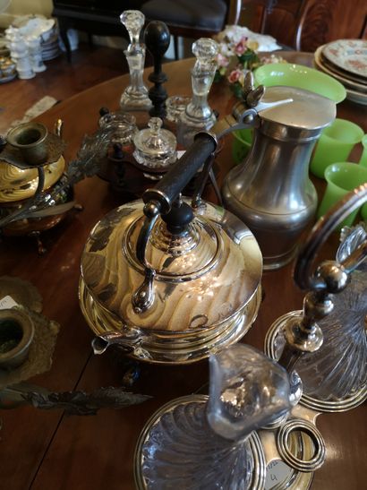 null Lot including: pourers, dish-warmers, oil-bowl holder, silver-plated metal saltcellars....
