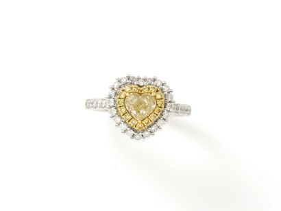 null 
Bague en or gris 750 millièmes ornée d'un diamant jaune taille cœur modifié...