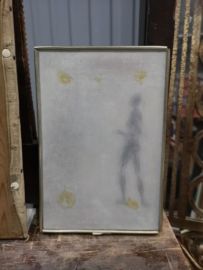 null COLINA. Male nude with arms raised / Silhouette walking. Two oils on canvas,...