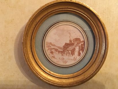 null Suite of four small engravings with red chalk, in tondo. Country landscapes....