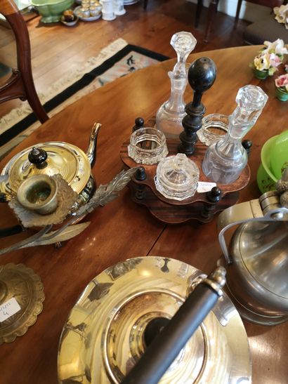 null Lot including: pourers, dish-warmers, oil-bowl holder, silver-plated metal saltcellars....