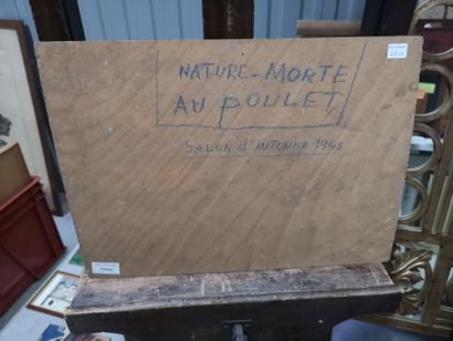 null Maurice FLEURY. - Nature morte au poulet. Huile sur carton. Dim. : 33 x 46 cm....