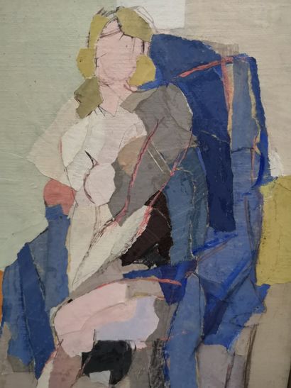 null Claude BELLAN. Femme assise, collage et huile sur toile, 33 x 24 cm. -Claude...