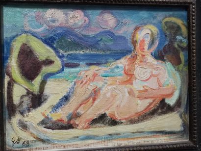 null Ginette SIGNAC (1913-1980). Sur la plage, 1968. Huile sur toile. Dim.: 27 x...