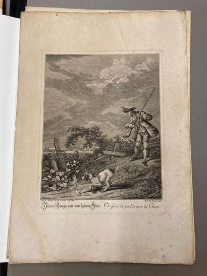 Johann Elias RIDINGER (1698-1767) Chasseur aux sangliers avec ses chiens, chasseur...