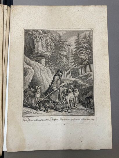 Johann Elias RIDINGER (1698-1767) Chasseur aux sangliers avec ses chiens, chasseur...