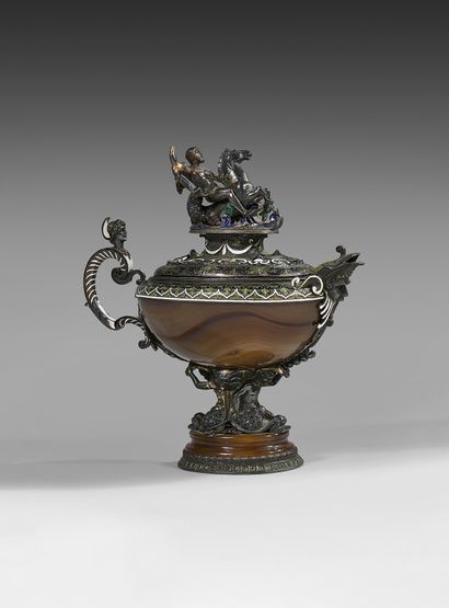 null A beautiful covered agate, silver, gilt and enamel coffee pot; the lid showing...