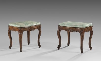 Pair of beech stools, moulded and carved,...