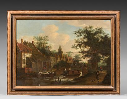 Peter van MAES (actif à Rotterdam entre 1679-1698) 
Village avec des barques sur...