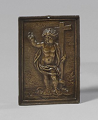 null Bronze plaque representing Jesus child triumphing over evil, blessing accompanied...