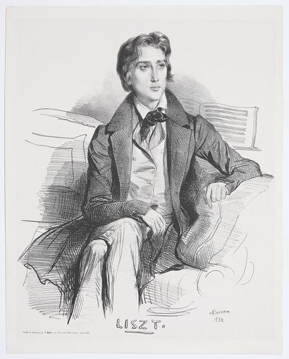 Eugène DEVERIA (1808-1865) Portrait de Liszt, 1832
Lithographie sur chine appliqué,...