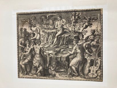 Giorgio GHISI (1512/20-1582). Apollon sur le Parnasse entouré des Muses, gravé d'après
Lucas...