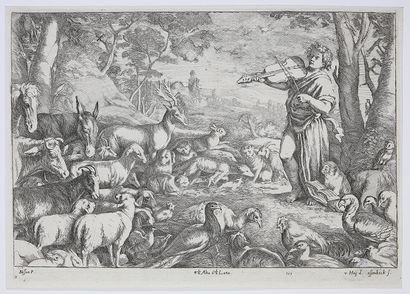 Jan VAN OSSENBECK(1624-1674) Orpheus playing in front of the animals engraved after...