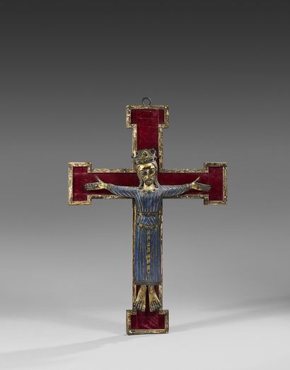 null Important Christ in embossed copper, champlevé, chased enamelled and gilded....