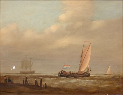 Attribué à Abraham I HULK (Londres 1813-Zevenaer 1897) Navires hollandais
Panneau.
Manque.
23...