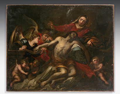 Attribué à Antonio Maria VASSALLO (vers 1620-1664) Déploration sur le corps du Christ
Toile.
Manques.
Sans...