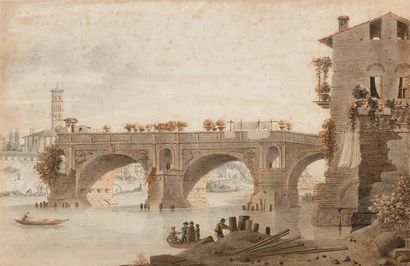 VICTOR JEAN NICOLLE (PARIS 1754-1826) Vue du pont Rotto à Rome
Plume et encre brune,...