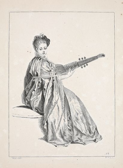 Antoine WATTEAU (1684-1721), d'après Joueur de vielle-Mezzetin, joueur de guitare-Femme...