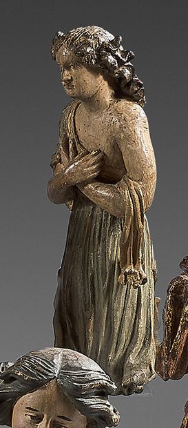 Pair of angels in polychrome carved wood,...