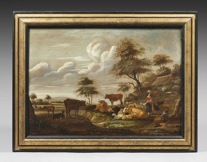 Attribué à Jochem Govert CAMPHUYSEN (1601-1659) Shepherdess and her flock in a landscape
Oak...