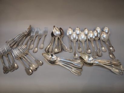 null Set of silver cutlery. Italy and France, 20th century. Model filet engraved...