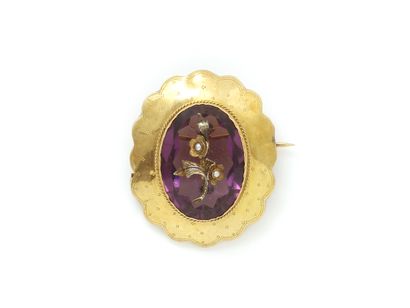 null Brooch in gold 750 thousandths, centered of an oval medallion in glass paste...