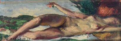 Georges Hanna SABBAGH (1887-1951) Nu allongé dans un paysage, 1924
Huile sur toile,...