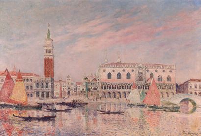 Ferdinand Loyen du PUIGAUDEAU (1864-1930) Venise, voiles et gondoles devant le Palais...