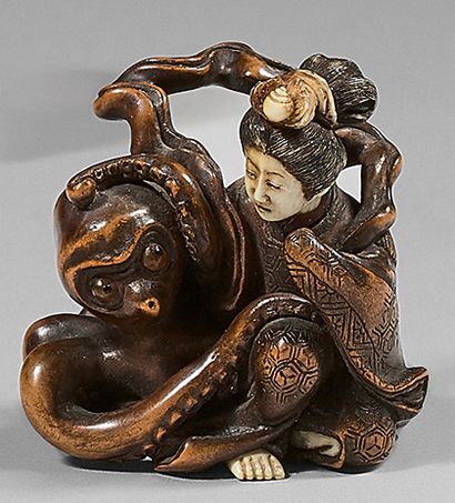 JAPON - Époque Edo (1603-1868), XIXe siècle Benten entourée d'une pieuvre, la tête...