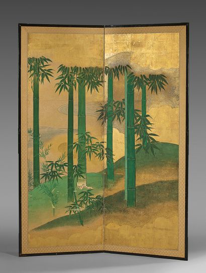 JAPON - Époque Edo (1603-1868), XIXe siècle Paravent à deux feuilles, encre et polychromie...
