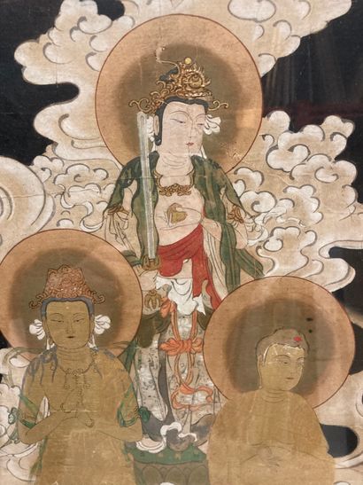 JAPON - Époque EDO (1603-1868) Couleurs et encre sur papier en hauteur de Kannon,...