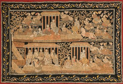 BIRMANIE - XXe siècle Silk embroidered tapestry (khalaga) applied with glass, sequins...