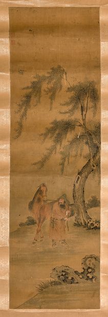 CHINE - XIXe siècle Encre et couleurs sur soie, représentant un palefrenier et un...