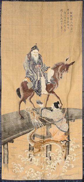 JAPON - Epoque MEIJI (1868-1912) Rectangular silk embroidered panel of Choryo on...