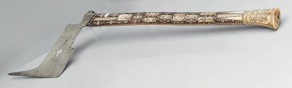 null Saxon guild axe, wrought iron pierced, edge forming a pike; wooden handle decorated...