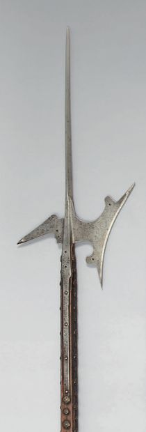 null Wrought iron halberd, square-section pike, cut-out iron, pierced with five holes...