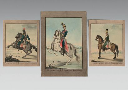  Trois dessins aquarellés représentant trois cavaliers du 1er régiment de chasseurs...