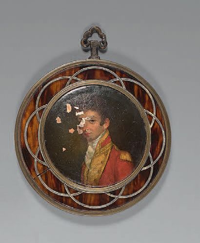 null Miniature on copper, round: Portrait of a three-quarter officer in red uniform,...
