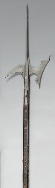 null Wrought iron halberd, square-section pike, cut iron, pierced with five holes;...