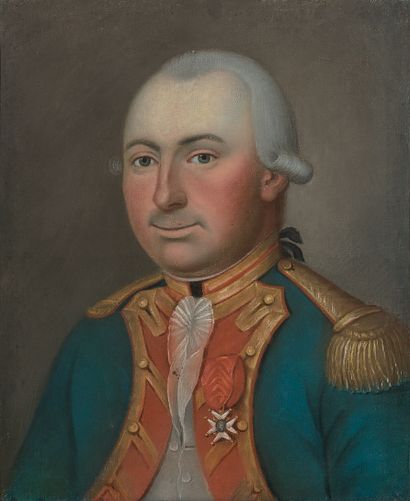  Pastel pasted on canvas: Portrait of a dragoon officer in a light blue suit, red...