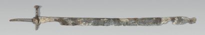 null Sword, large knife or badelaire in excavation piece, straight quillon hilt terminated...