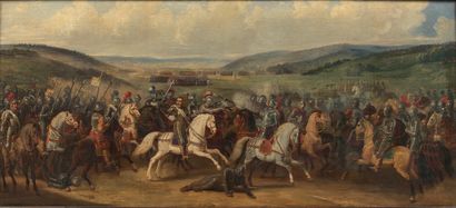 null Huile sur toile : Grande scène de bataille, au centre Henri IV sur son cheval...