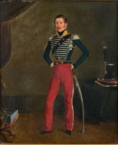 null Oil on canvas : Portrait of an officer, captain or colonel of chasseurs à cheval,...